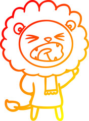warm gradient line drawing of a cartoon lion in winter clothes