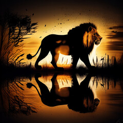 Silhouette of a wild lion at sunset Generative AI artwork 