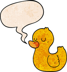cartoon duck with speech bubble in retro texture style