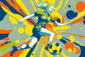 An illustration of a dynamic young woman playing soccer, with a bold color palette and a lively energy to promote women's sports. Generative AI