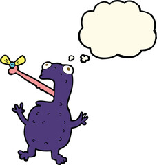 cartoon poisonous frog catching fly with thought bubble