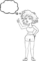 freehand drawn thought bubble cartoon tired gym woman