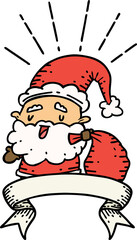 scroll banner with tattoo style santa claus christmas character with sack