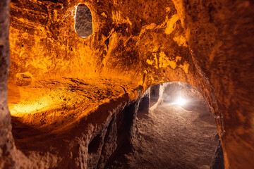 Derinkuyu underground city ancient cave in Cappadocia, Turkey, travel place of Goreme