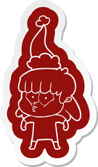 quirky cartoon  sticker of a whistling girl wearing santa hat