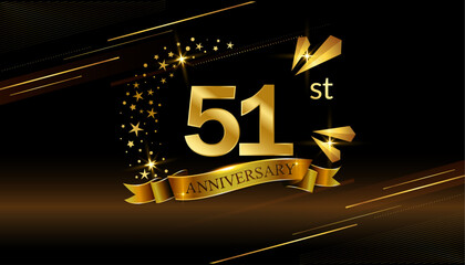 51st anniversary logo with golden ring, confetti and Gold ribbon isolated on elegant black background, sparkle, vector design for greeting card and invitation card