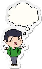 cartoon laughing confused man with thought bubble as a printed sticker