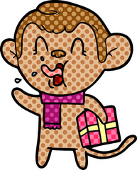 crazy cartoon monkey with christmas present