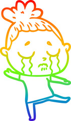 rainbow gradient line drawing of a cartoon crying woman