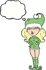 cartoon santa's helper woman with thought bubble