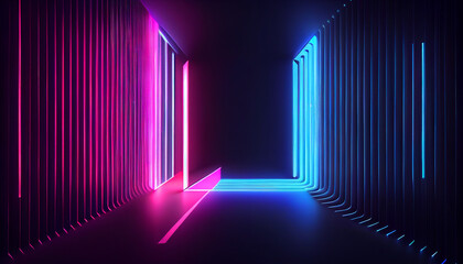 Abstract Geometric Background with Pink and Blue Neon Lines Glowing in the Dark (Generative AI)