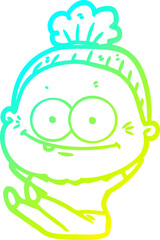 cold gradient line drawing of a cartoon happy old woman