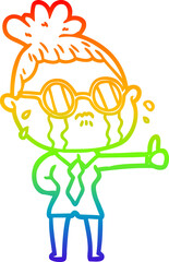 rainbow gradient line drawing of a cartoon crying woman wearing spectacles