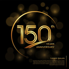 150th Anniversary logo design with double line numbers. Golden number and ring for anniversary celebration event, invitation, poster, banner, flyer, web template. Logo Vector Template