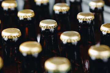 Brewery plant production line with Glass bottles of beer on dark background, top view