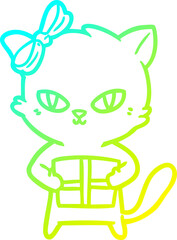 cold gradient line drawing of a cute cartoon cat with present