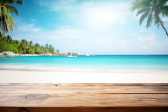 Empty wooden table on a beautiful blured tropical beach background. generative ai. Summer holiday background for product display