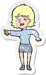 retro distressed sticker of a cartoon woman pointing