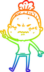 rainbow gradient line drawing of a cartoon annoyed old lady