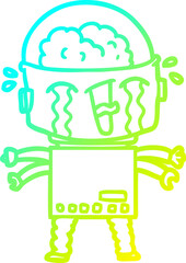 cold gradient line drawing of a cartoon crying robot