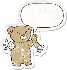 cartoon teddy bear with torn arm with speech bubble distressed distressed old sticker