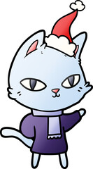 hand drawn gradient cartoon of a cat staring wearing santa hat