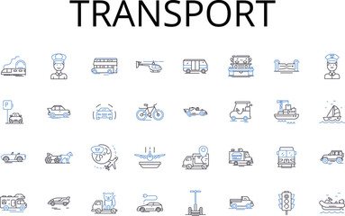 Transport line icons collection. Movement, Carriage, Conveyance, Transfer, Delivery, Shipment, Transit vector and linear illustration. Passage,Traverse,Haulage outline signs set