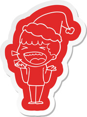 quirky cartoon  sticker of a laughing man wearing santa hat