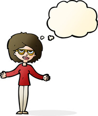 cartoon woman wearing spectacles with thought bubble
