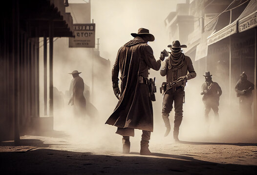The picture captures the moment just before a dramatic shootout between two gunslingers in the middle of a dusty street. Generative AI technology.
