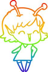 rainbow gradient line drawing of a cartoon alien girl laughing