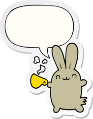 cute cartoon rabbit drinking coffee with speech bubble sticker
