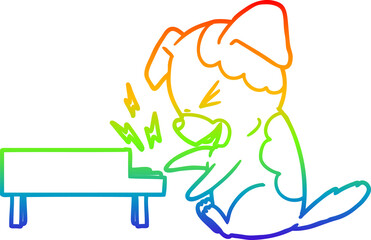 rainbow gradient line drawing of a cartoon dog rocking out on piano