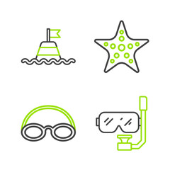 Set line Diving mask and snorkel, Glasses cap, Starfish and Floating buoy on the sea icon. Vector