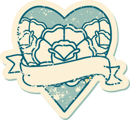 iconic distressed sticker tattoo style image of a heart and banner with flowers