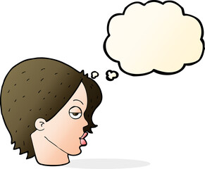 cartoon woman raising eyebrow with thought bubble