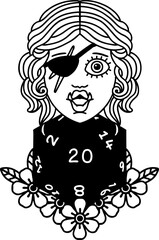 Black and White Tattoo linework Style half orc rogue with natural twenty dice roll