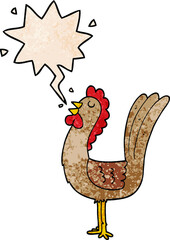 cartoon rooster with speech bubble in retro texture style