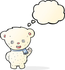 cartoon polar bear waving with thought bubble