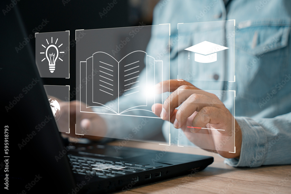 Poster Elearning graduate certificate program concept. e-learning education concept, learning online with webinar, video tutorial, internet lessons. Internet education course degree, study knowledge.