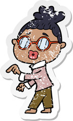 distressed sticker of a cartoon woman wearing spectacles