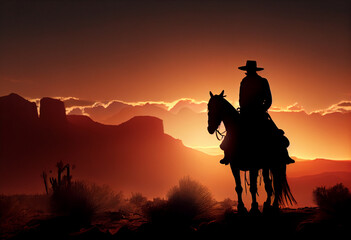 Fototapeta na wymiar A lone rider on horseback stands silhouetted against the setting sun, his hat pulled low over his eyes. Generative AI technology. 