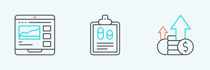 Set line Financial growth and coin, Trading courses and Business finance report icon. Vector