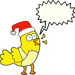 freehand drawn comic book speech bubble cartoon bird wearing christmas hat
