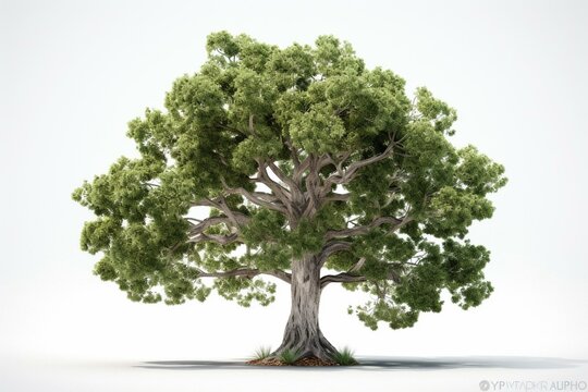 3D illustration of a white background with a green oak tree. Generative AI