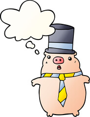 cartoon business pig with thought bubble in smooth gradient style