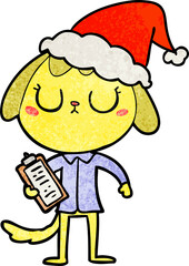 cute hand drawn textured cartoon of a dog wearing office shirt wearing santa hat
