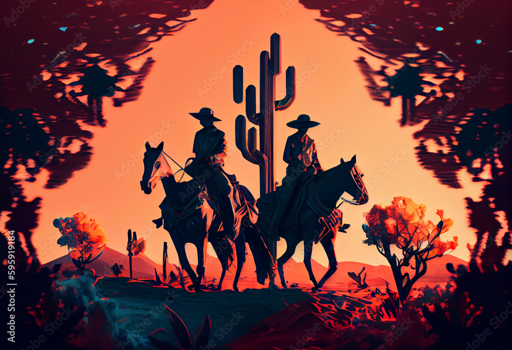 Poster the image captures a group of rugged cowboys riding their horses across a vast, sun-drenched plain, 