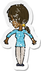 retro distressed sticker of a cartoon woman shrugging shoulders