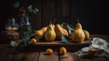 Obraz na płótnie Canvas Pears on a wooden board, Fresh, Juciy, Summer, Healthy, Farming, Harvesting, Environment, Perfessional and award-winning photograph, Close-up - Generative AI